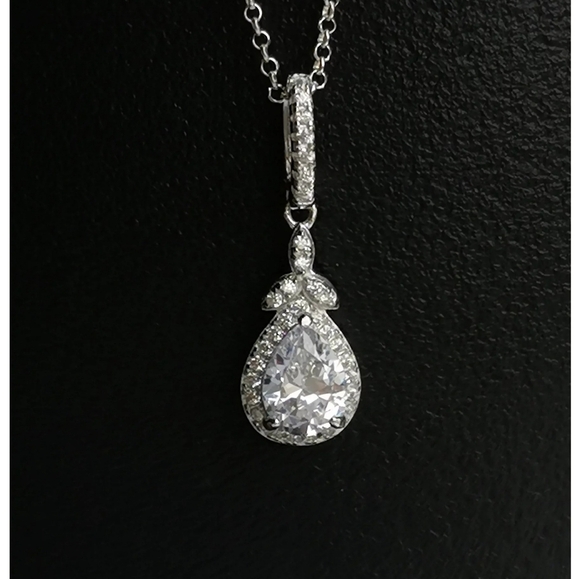Sterling Silver Teardrop CZ Halo Pendant Necklace - Picture 6 of 6